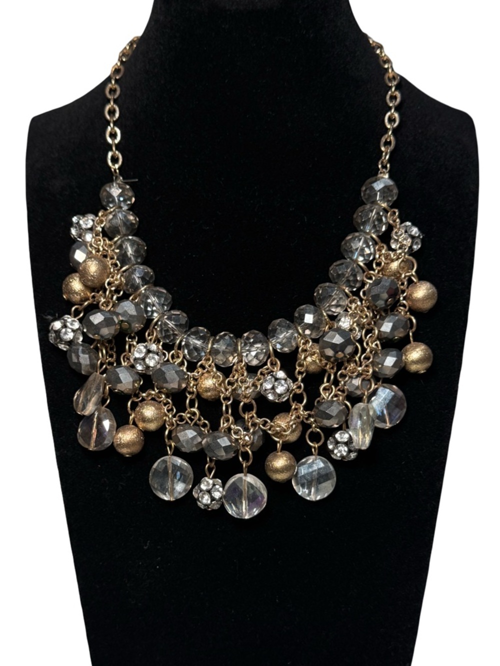 🪩✨‎ Statement Gold and Smoky Crystal Bib Necklace - Women Jewelry